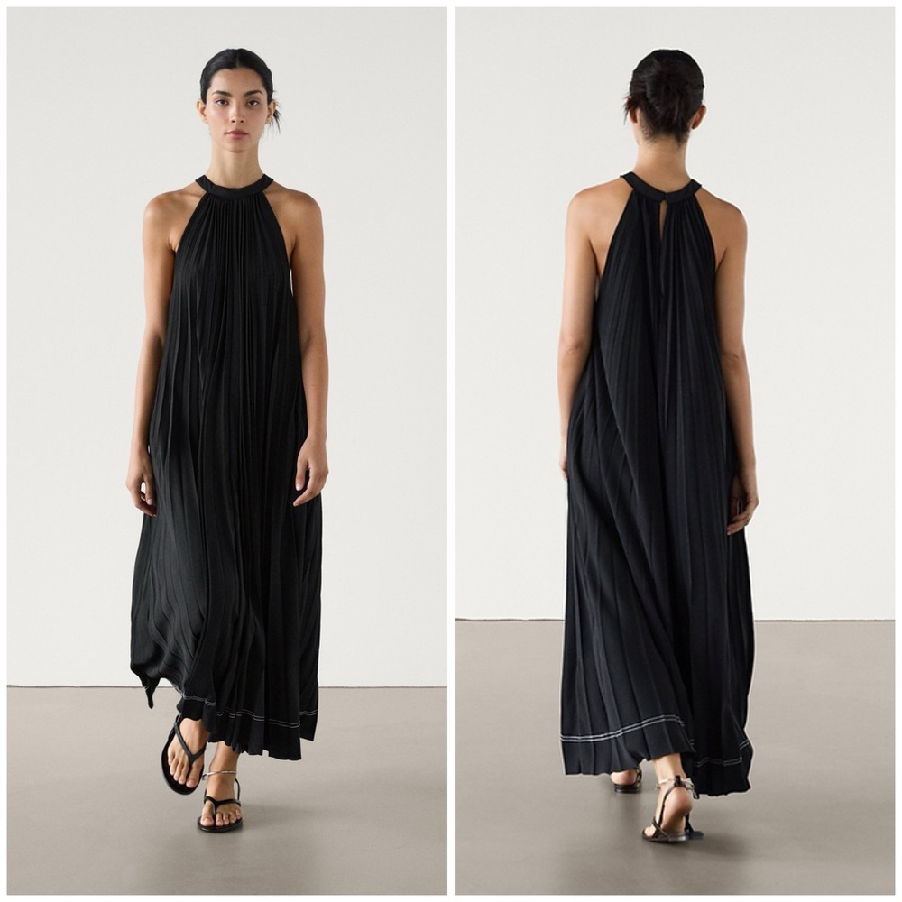 Massimo Dutti ~ Pleated halter midi dress w/ packets - Picture 1 of 5